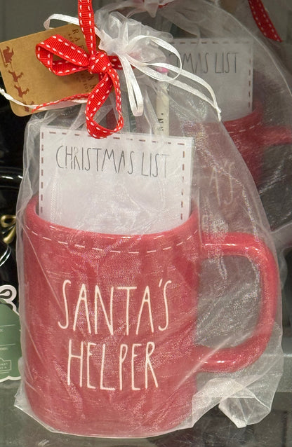 New Rae Dunn red ceramic coffee mug with 3 pencils/notepad SANTAS HELPER
