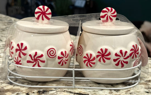 New covered ceramic peppermint small bowl set with holder