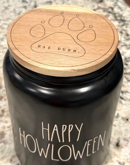 New Rae Dunn black ceramic Halloween decor HAPPY HOWLOWEEN storage canister