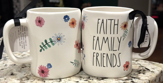 New Rae Dunn ceramic  coffee mug FAITH FAMILY FRIENDS flower mug