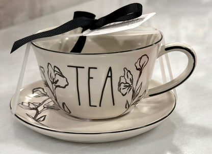 New Rae Dunn ceramic cup & saucer black floral TEA
