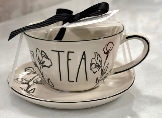 New Rae Dunn ceramic cup & saucer black floral TEA