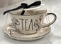 New Rae Dunn ceramic cup & saucer black floral TEA