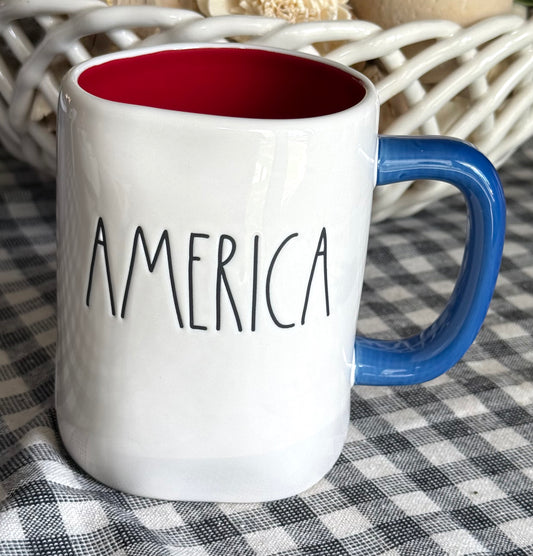 New Rae Dunn AMERICA white ceramic July 4th coffee mug barn on back