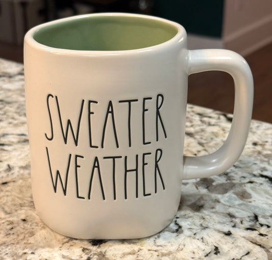 New Rae Dunn white ceramic fall coffee mug decor SWEATER WEATHER -green interior