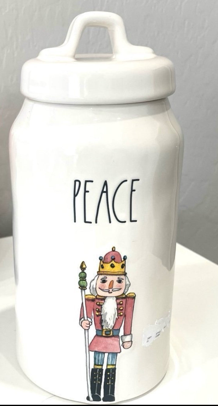 New Rae Dunn white ceramic Christmas nutcracker canister PEACE
