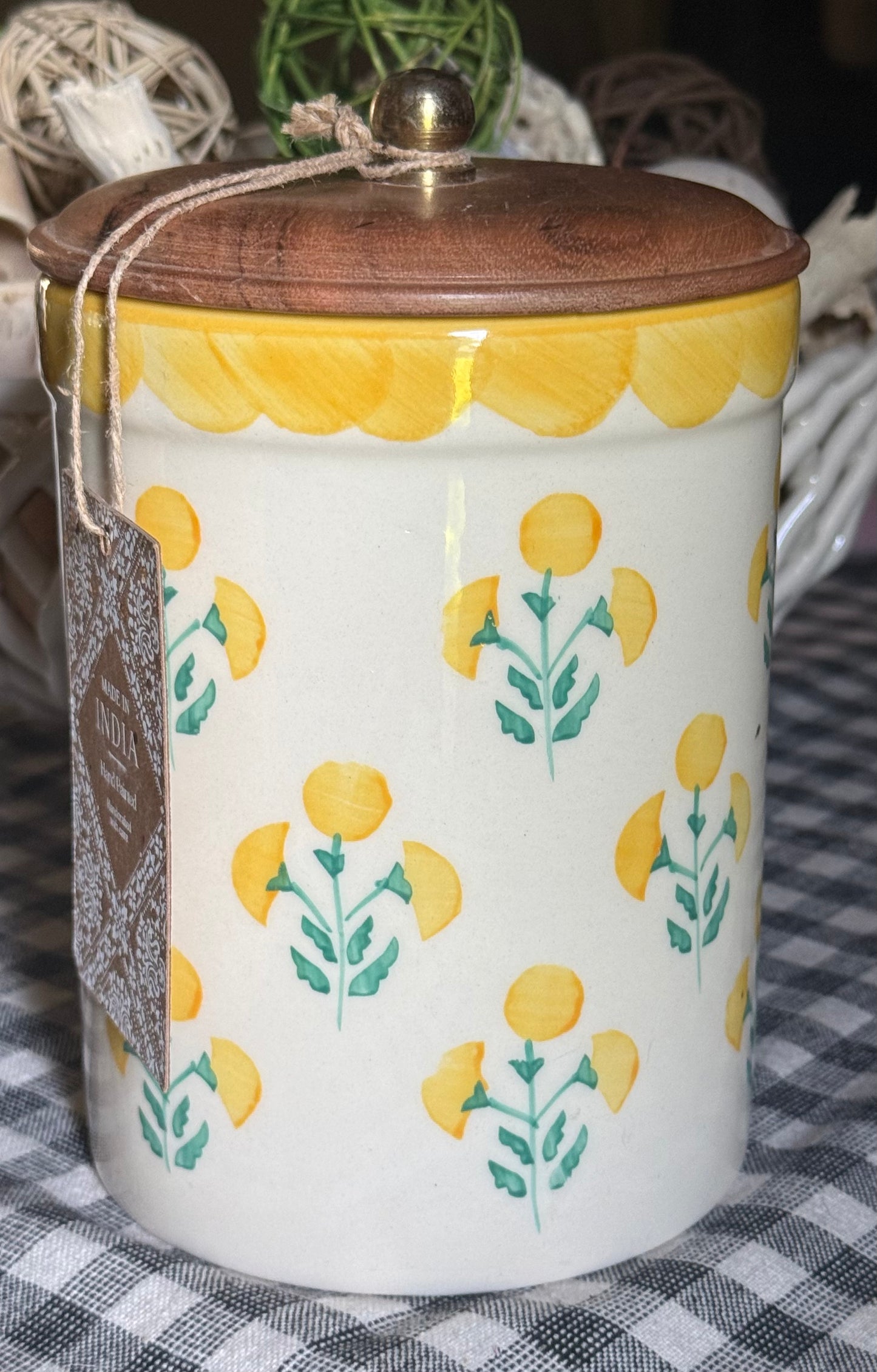 New yellow floral Made in India ceramic 7” canister wood lid