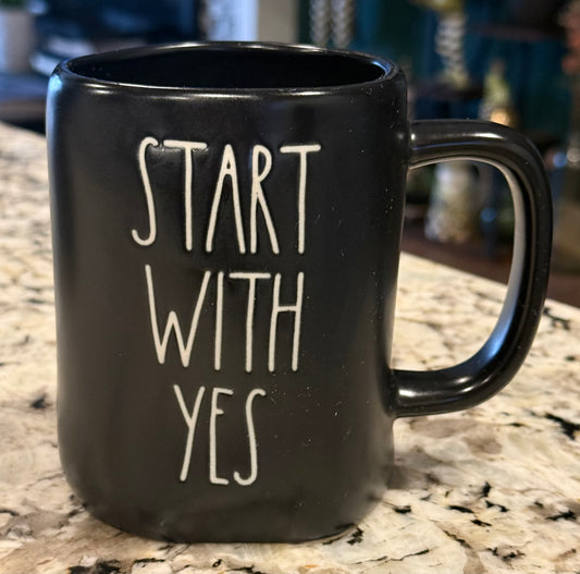 New Rae Dunn matte black ceramic coffee mug START WITH YES