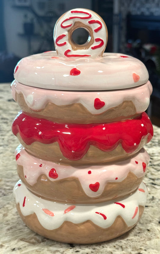 New 8.75” ceramic donut & hearts cookie jar