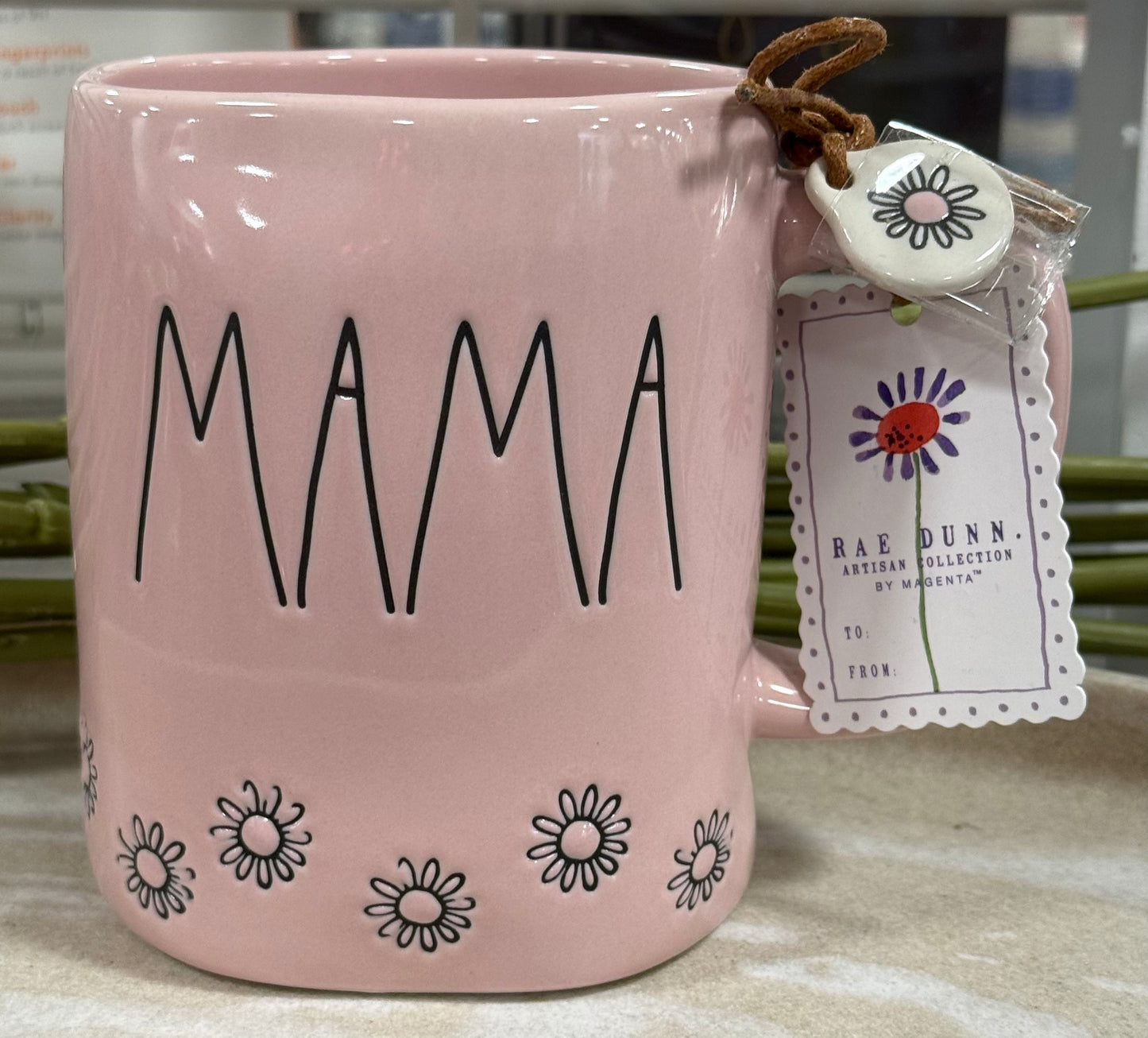 New Rae Dunn pink flower engraved ceramic coffee mug with charm MAMA