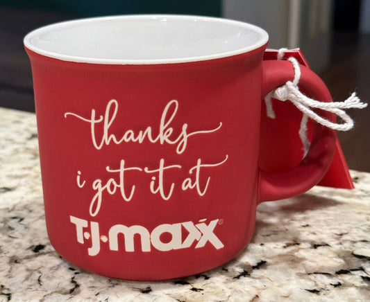 New red ceramic coffee mug THANKS, I got it at TJ MAXX