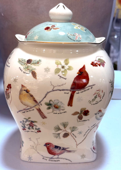 New 8” ceramic cardinal/bird storage container canister