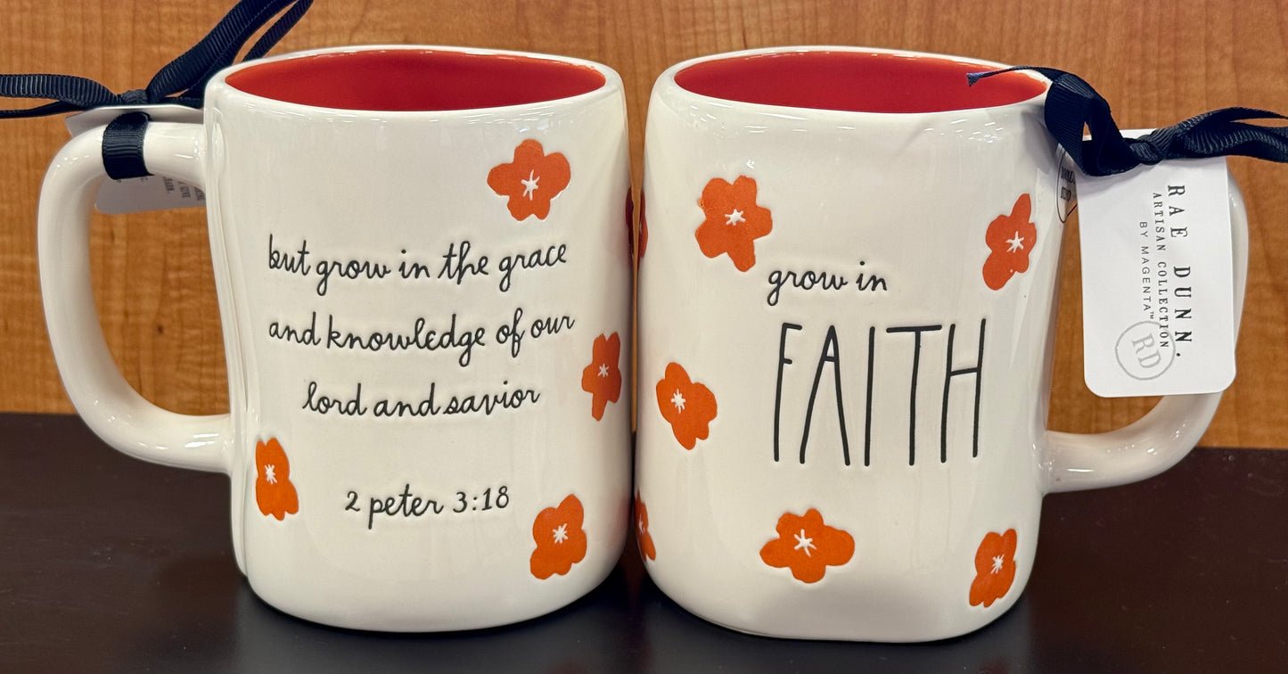 New Rae Dunn white ceramic coffee mug GROW IN FAITH