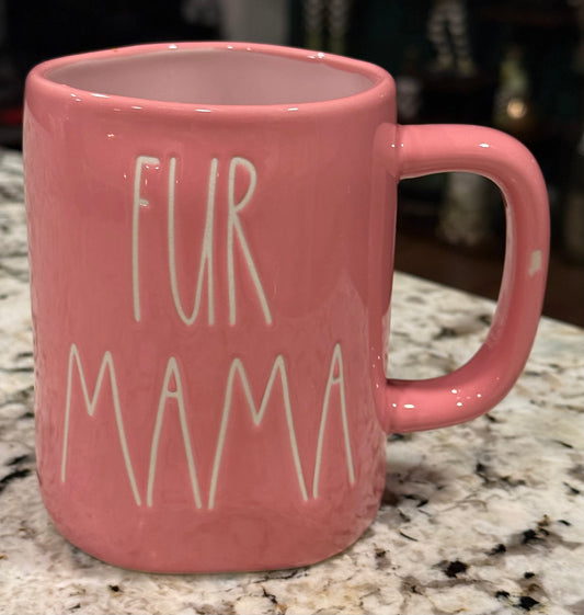 New Rae Dunn pink ceramic coffee mug FUR MAMA -glazing error in handle not chipped