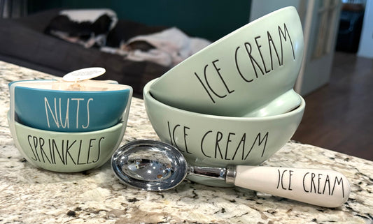 New Rae Dunn mint & blue ceramic 5-piece serving dish set ICE CREAM/NUTS & SPRINKLES