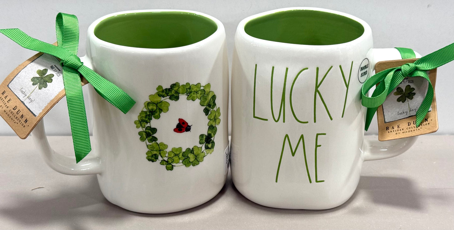 New Rae Dunn white ceramic coffee mug LUCKY ME St. Patrick’s Day decor