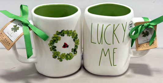 New Rae Dunn white ceramic coffee mug LUCKY ME St. Patrick’s Day decor