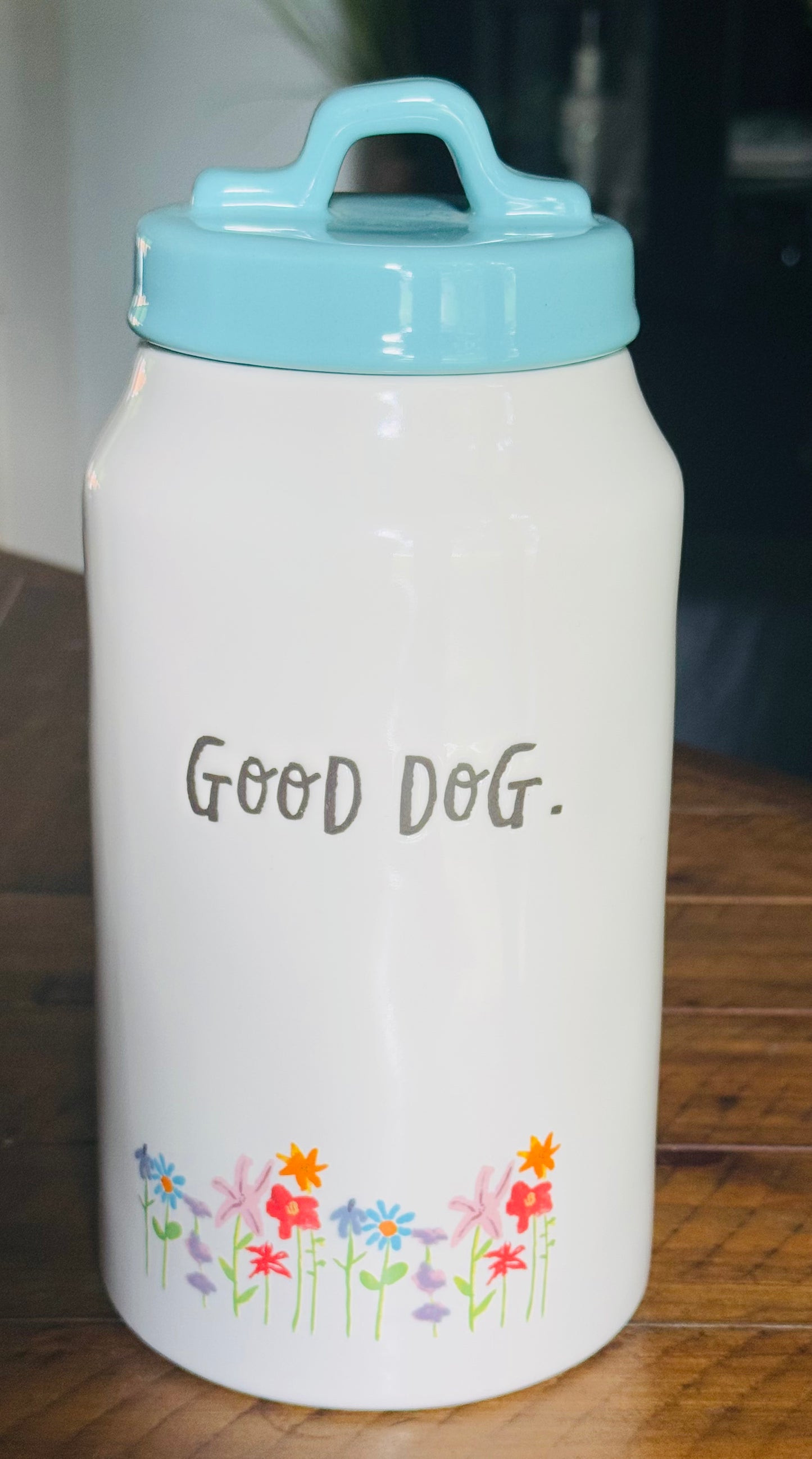 New Rae Dunn 8.5” ceramic canister blue lid GOOD DOG floral print