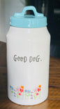 New Rae Dunn 8.5” ceramic canister blue lid GOOD DOG floral print
