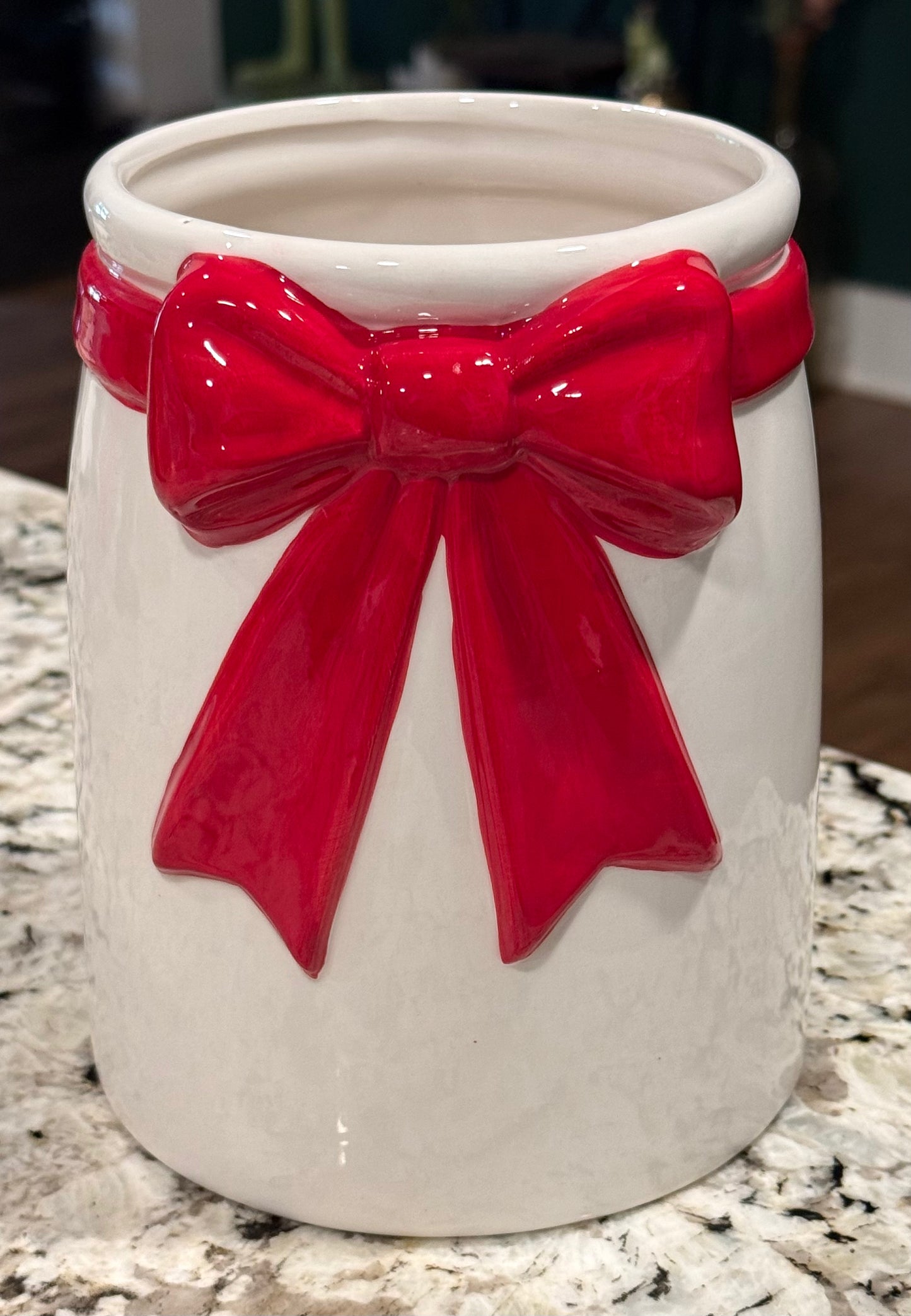 New white ceramic 9” red bow vase, utensil holder, bathroom accessories holder