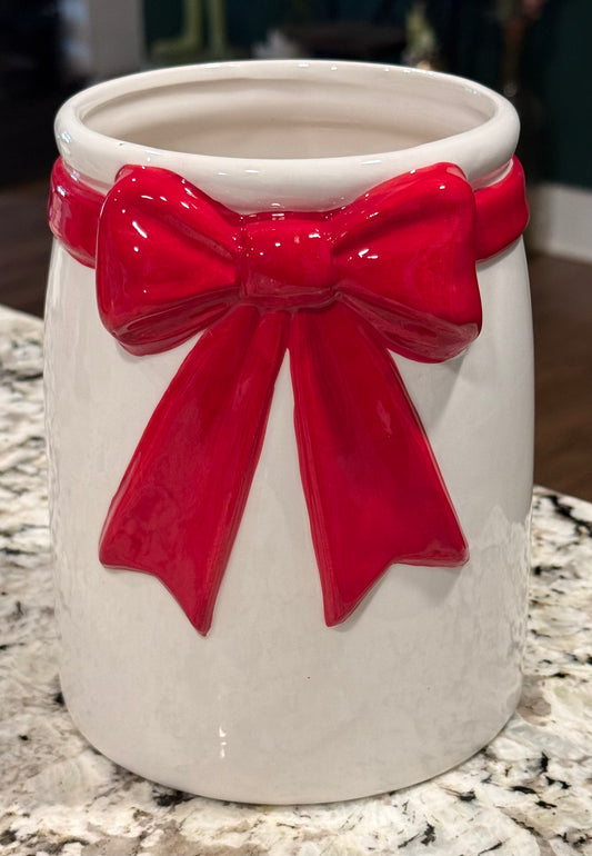 New white ceramic 9” red bow vase, utensil holder, bathroom accessories holder