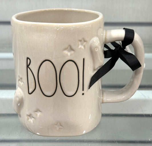 New Rae Dunn white ceramic Halloween coffee mug BOO!