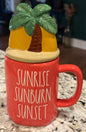 New Rae Dunn orange ceramic coffee mug with shell topper SUNRISE, SUNBURN, SUNSET