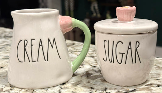 New Rae Dunn 2-piece ceramic mini tulip handled CREAM & SUGAR set