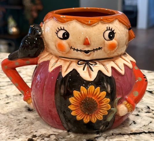 New release Joanna Parker ceramic fall scarecrow mug with sunflower