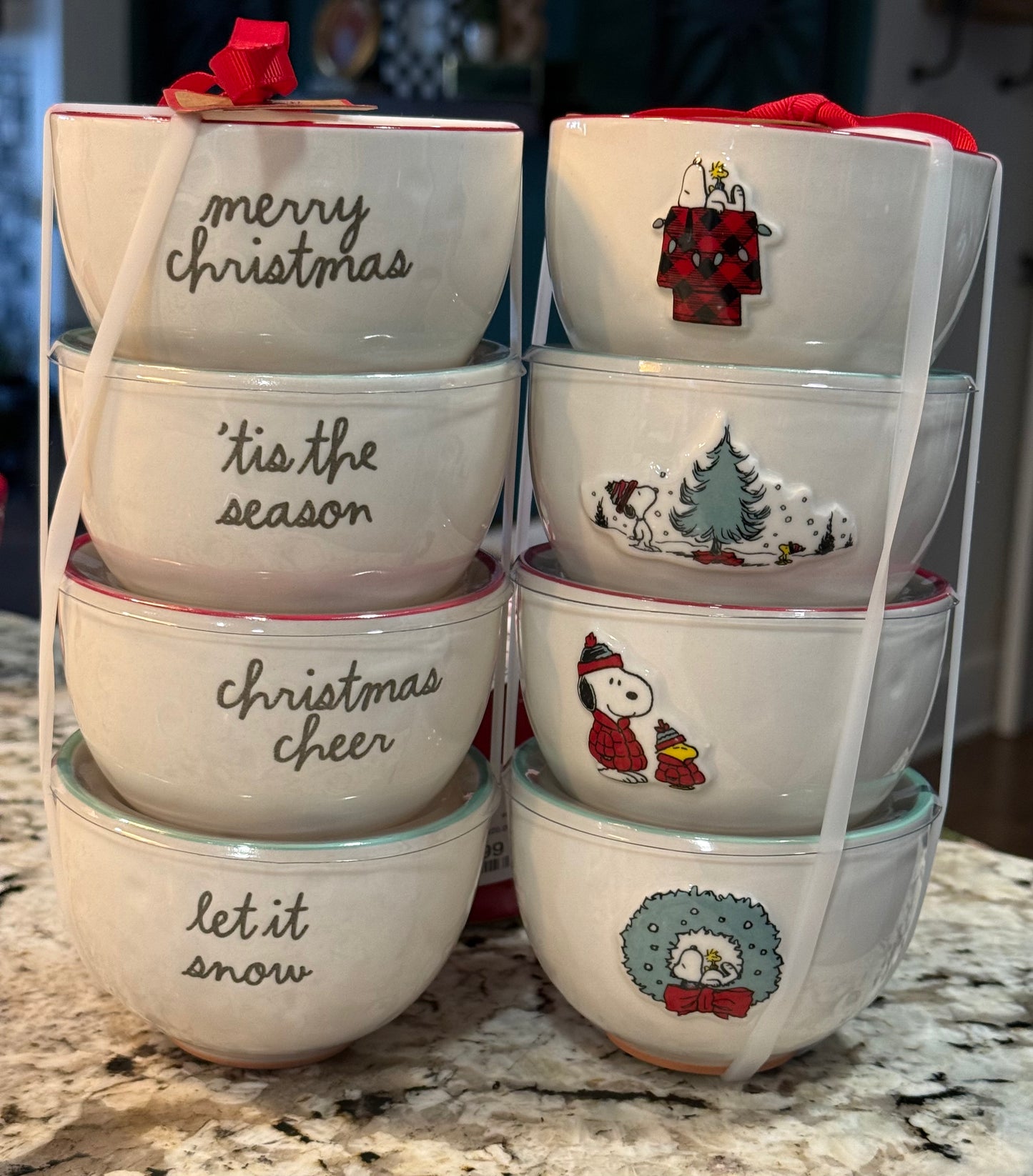 New Rae Dunn x Peanuts Snoopy ceramic 4- piece Christmas bowl set