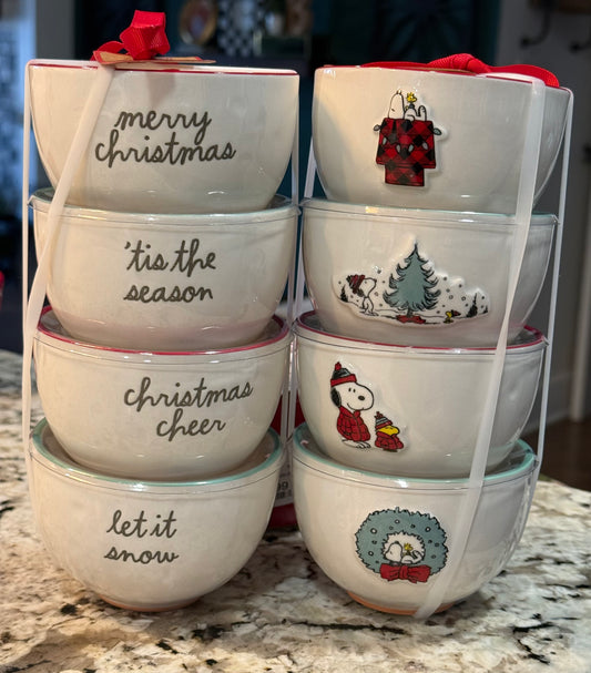 New Rae Dunn x Peanuts Snoopy ceramic 4- piece Christmas bowl set