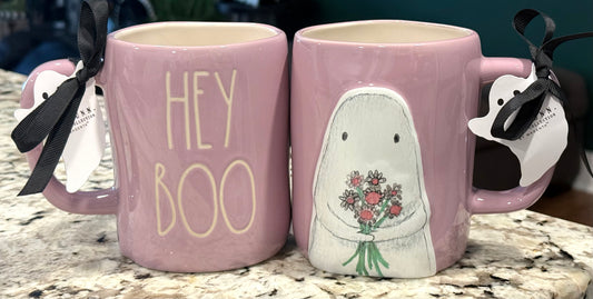 New Rae Dunn purple ceramic coffee mug HEY BOO