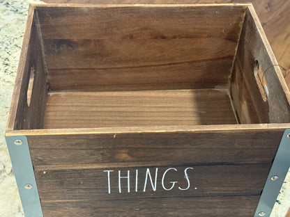 Rae Dunn brown wood storage box with metal trim THINGS 14x11x8