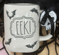 New Rae Dunn white ceramic bat motif Halloween coffee mug EEK!