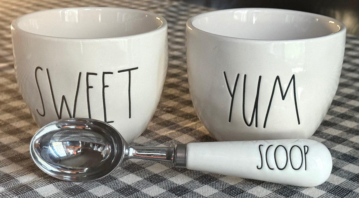 New Rae Dunn white ceramic  3-piece bowl set SWEET/YUM SCOOP
