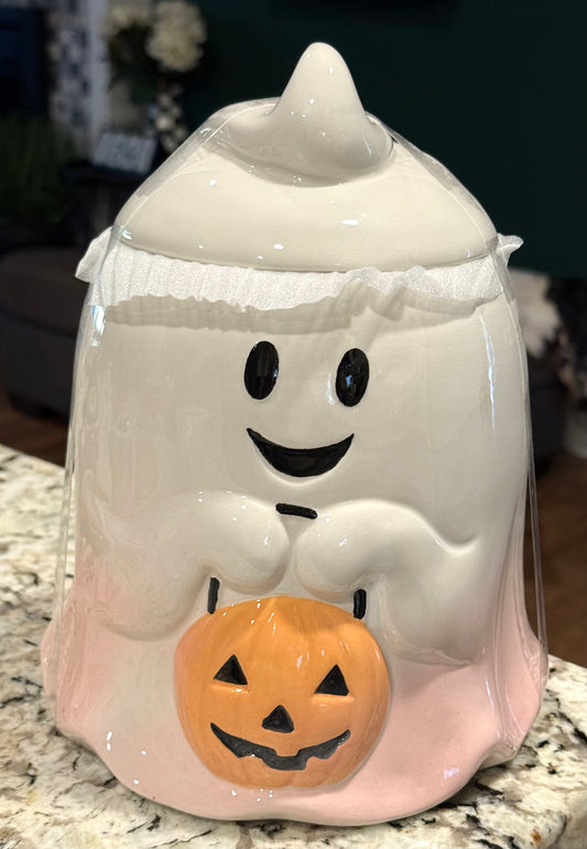New white & pink ghost trick or treating ceramic cookie jar Halloween decor 8.5”