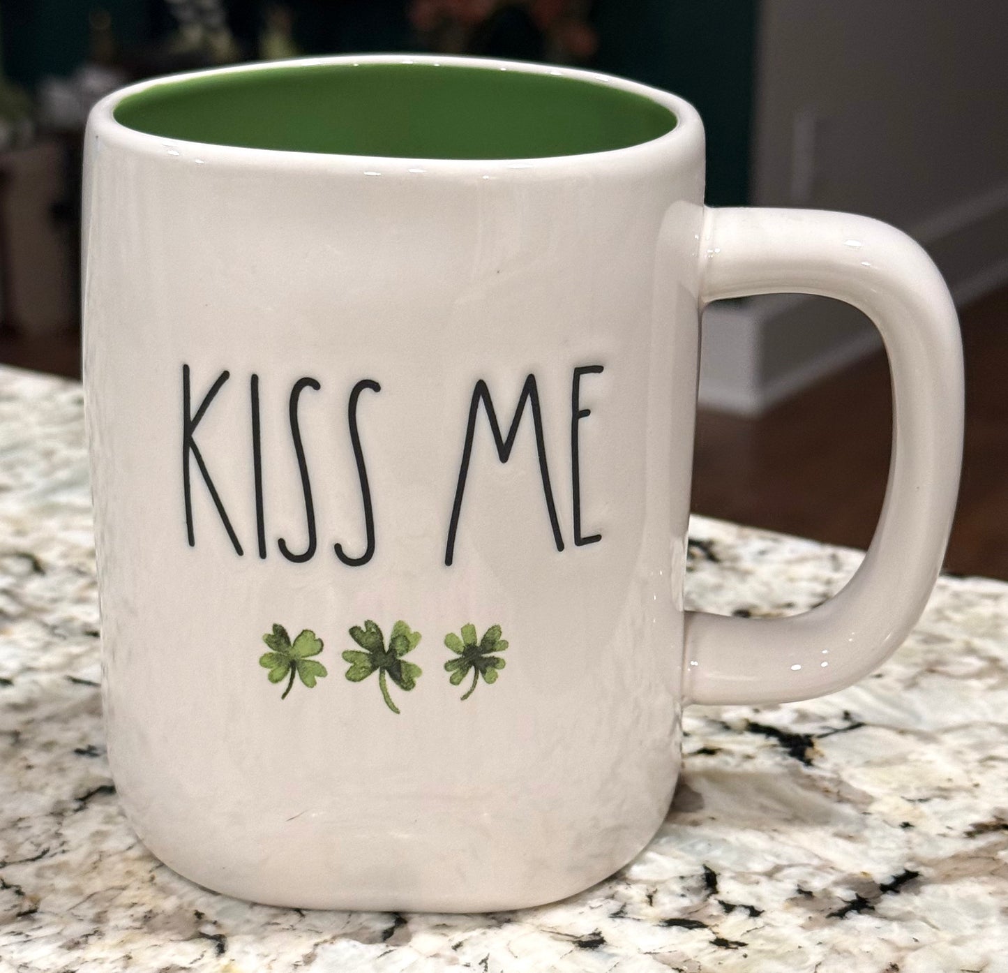 New Rae Dunn St. Patrick’s Day ceramic coffee mug , watercolor shamrocks KISS ME