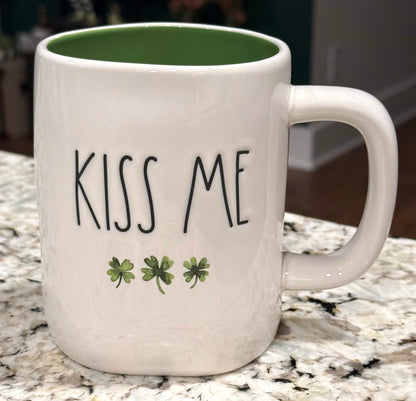 New Rae Dunn St. Patrick’s Day ceramic coffee mug , watercolor shamrocks KISS ME