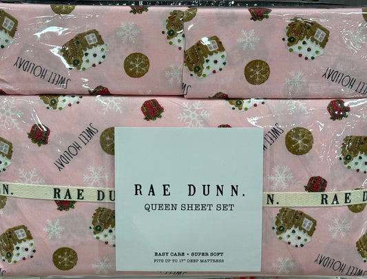 New Rae Dunn pink gingerbread house QUEEN SIZE sheet set 100% polyester