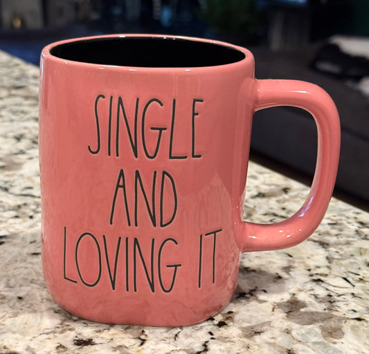 New Rae Dunn pink ceramic coffee mug SINGLE AND LOVING IT