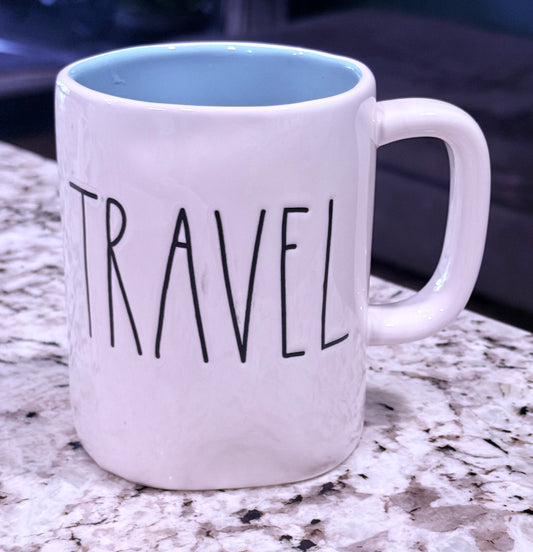 Rae Dunn white ceramic coffee mug TRAVEL