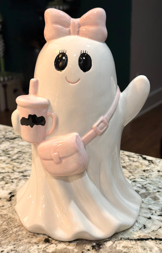 New ceramic pink and white Halloween handbag/coffee ghost decor 10x6”
