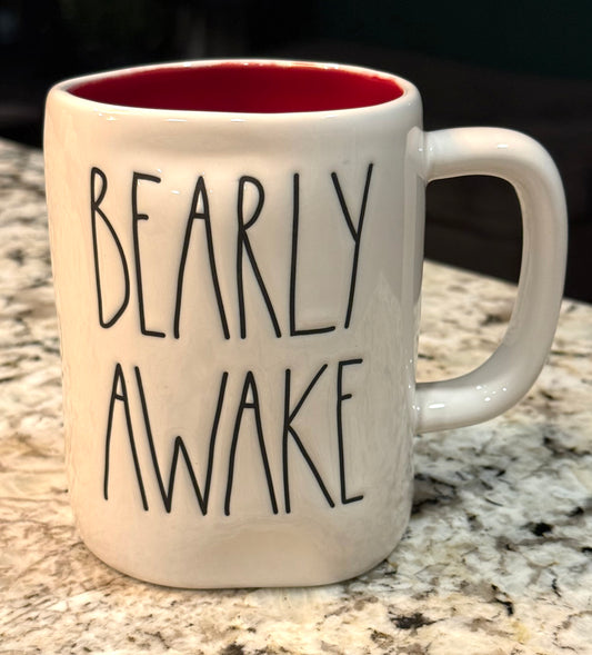 Rae Dunn ceramic Hard to find BEARLY AWAKE plaid bear 🐻 coffee mug