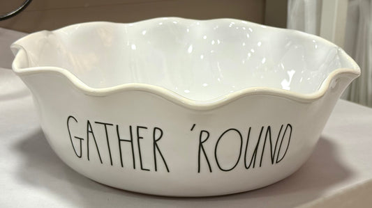 New large Rae Dunn ceramic scalloped edge serving bowl GATHER ‘ROUND