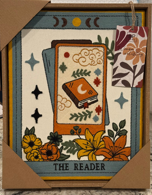 New wood framed knit wall decor print fortune teller card THE READER  14.75x11.5