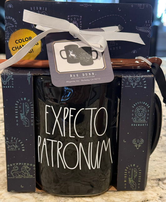 New Rae Dunn x Harry Potter ceramic color changing mug and wand set EXPECTO PATRONUM