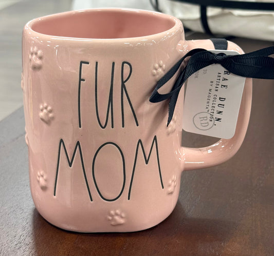 New Rae Dunn pink paw print ceramic coffee mug FUR MOM