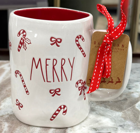 New Rae Dunn ceramic Christmas mug candy cane & bow print MERRY
