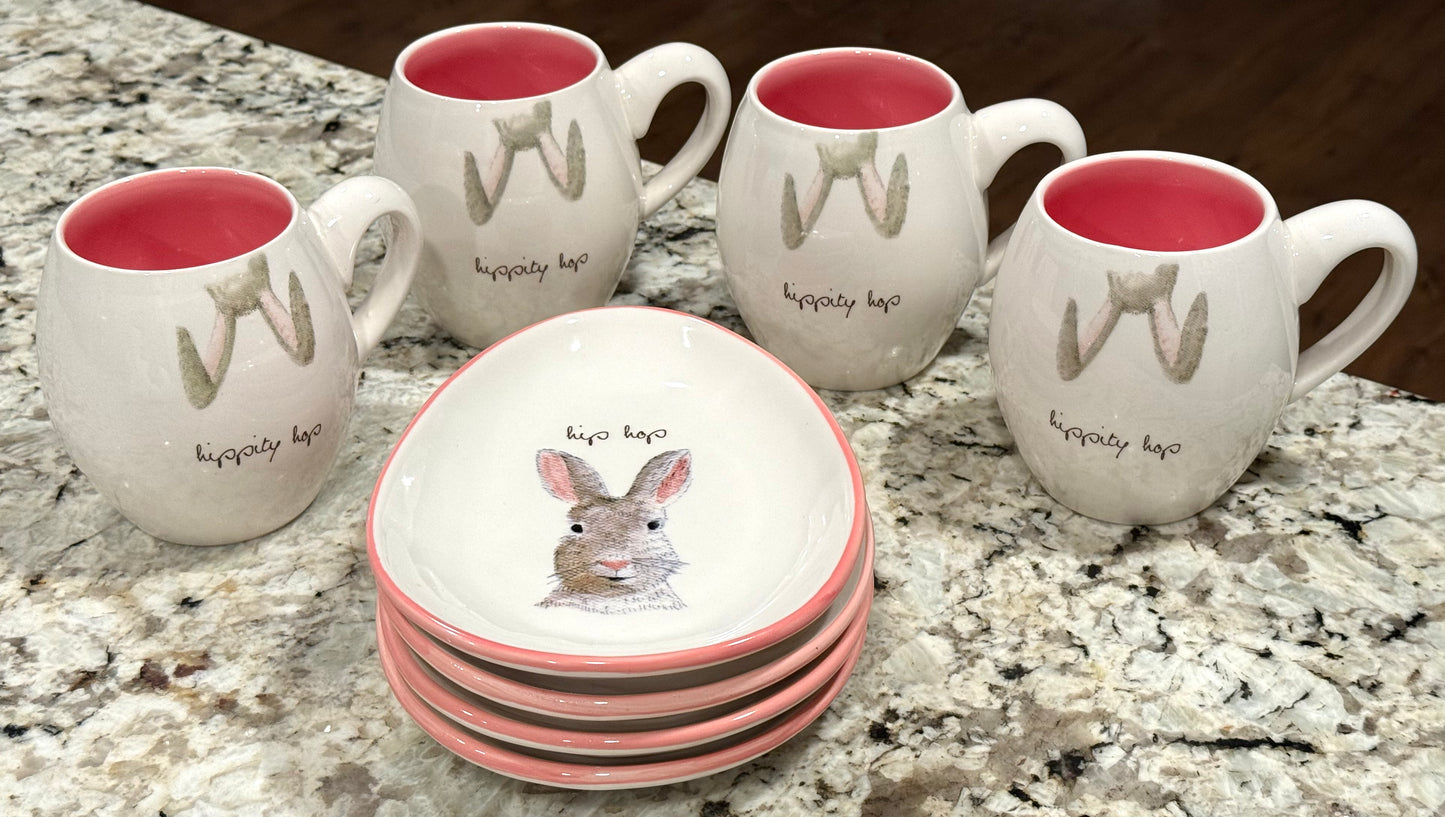 Rae Dunn pink and white bunny ceramic Easter service set. 4 mugs & 4 plates HIPPITY HOP/HIP HOP