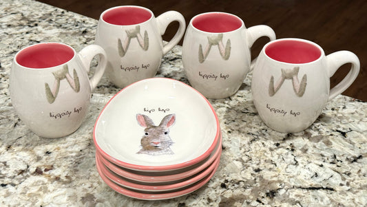 Rae Dunn pink and white bunny ceramic Easter service set. 4 mugs & 4 plates HIPPITY HOP/HIP HOP